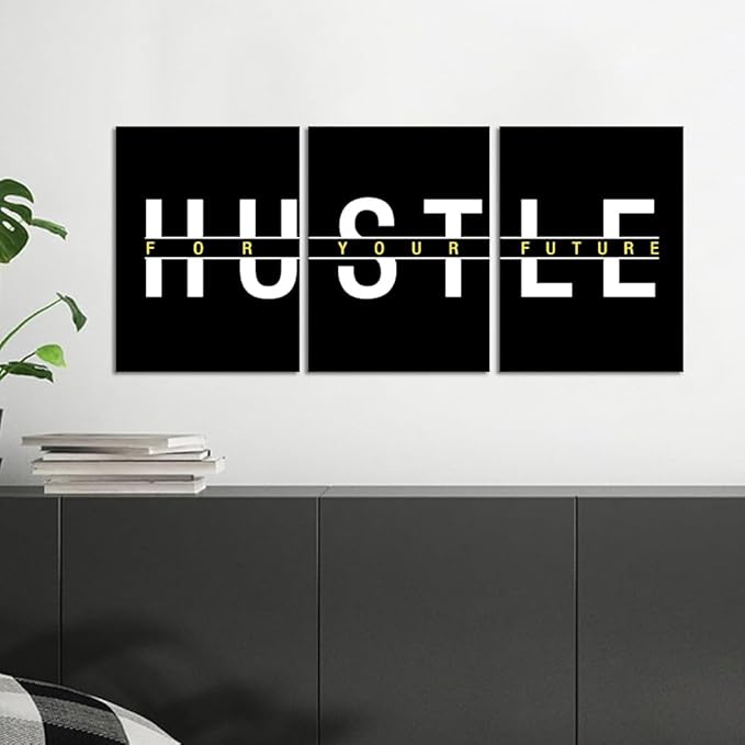 3 Piece Hustle Wall Art - Black Office Wall Decor Inspirational Quotes Poster Hustle For Your Future Painting Picture Inspiring Words Print Motivational Artwork for Home Study Room, Framed 12"x16"x3