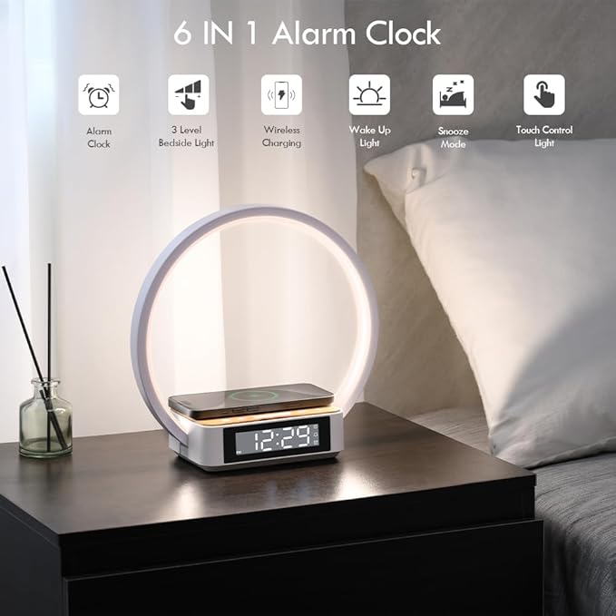Sunrise Alarm Clock Bedside Lamp with Wireless Charging, Touch Table Lamp for Nightstand, Bedside Lamp Wake-up Light,Snooze Nightlight 3 Dimmable Brightness Levels, Idea Gift for Women,Men,Teens,Adult