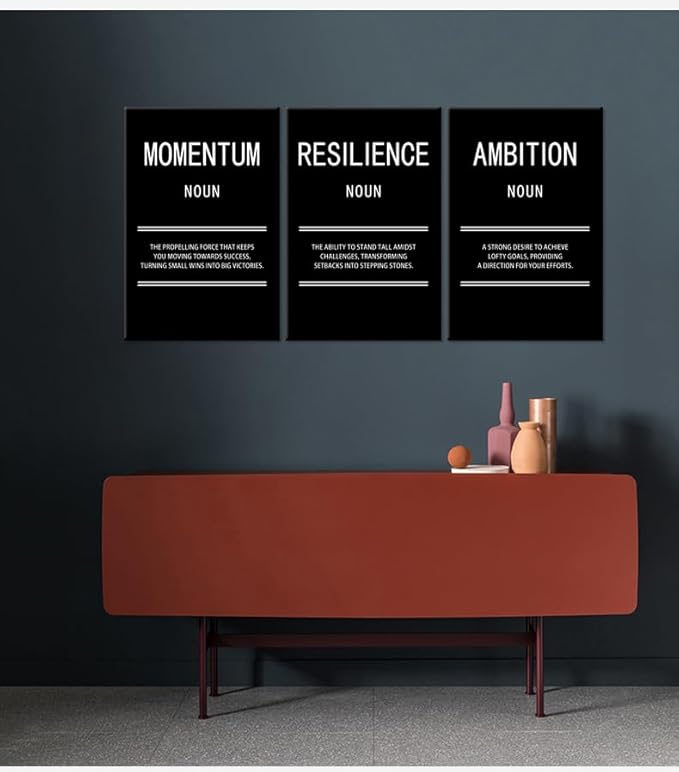 WYJZDZQ8 Ambition Momentum Resilience 3 Panel Inspirational Canvas Print Wall Art Motivational Poster Picture Painting Modern Inspiring Artwork for Home Office Living Room Wall Decor [48''Wx 24''H]