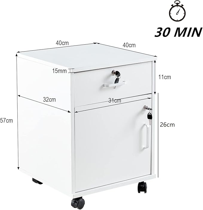 Mobile 2 Drawer File Cabinet with Lock, Wooden Under Desk Filing Cabinet with Wheels, Small Rolling Storage Cabinet for Home Office Organizer A4/Letter Size/Legal, White