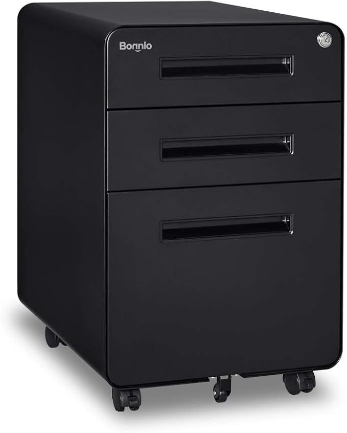 Bonnlo 23.8" H 3 Drawer Rolling File Cabinet With Lock, Mobile Under Desk With Pencil Tray, Black Locking for Home Office, Metal Filing Printer Stand Fully Assembled