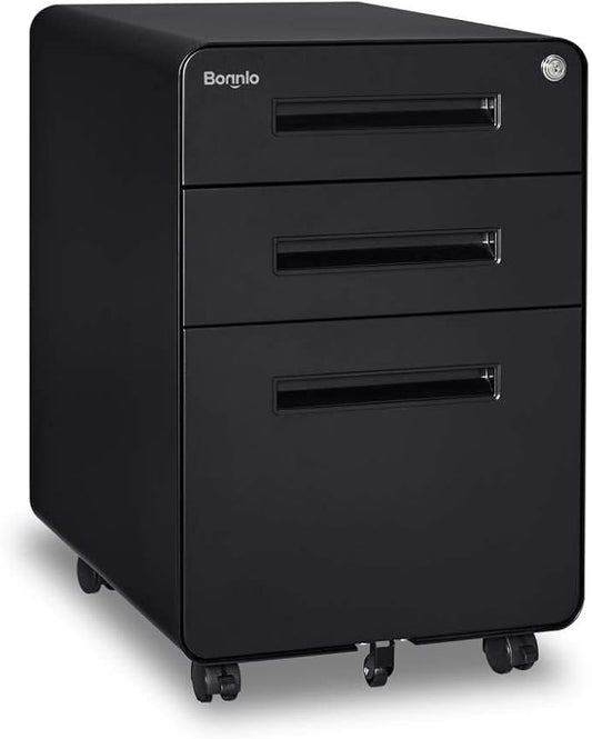 Bonnlo 23.8" H 3 Drawer Rolling File Cabinet With Lock, Mobile Under Desk With Pencil Tray, Black Locking for Home Office, Metal Filing Printer Stand Fully Assembled