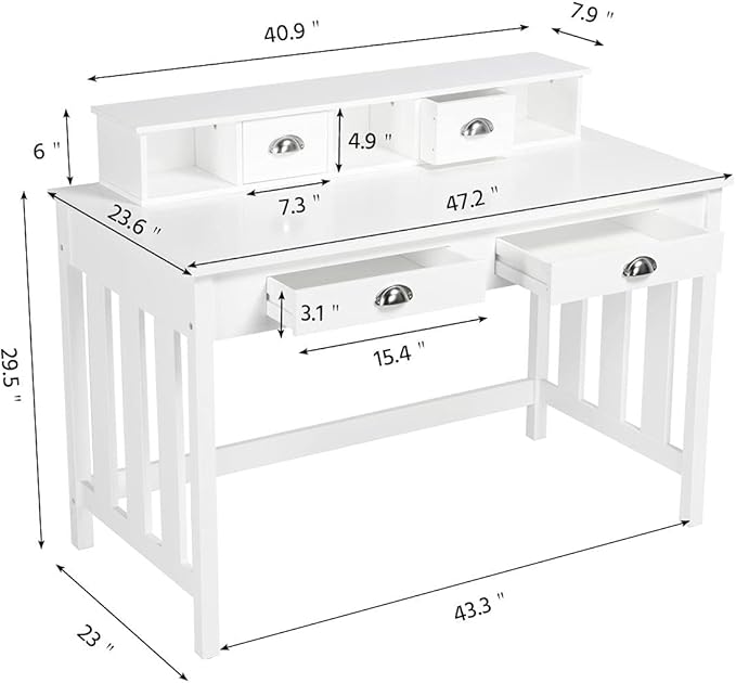 Topeakmart Computer Desk with 4 Drawers and Removable Floating Organizer, Home Office Desk Writing Studying Desk with Large Tabletop, Modern Workstation Gaming Table Secretary Desk for Office, White