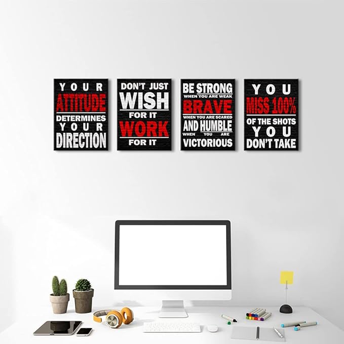 Inspirational Wall Art Poster Quote Motivational Wall Art for Office Living Room Bedroom Gym Black and White Red Positive Quotes Funny Office Wall Decor Sign 4 pieces