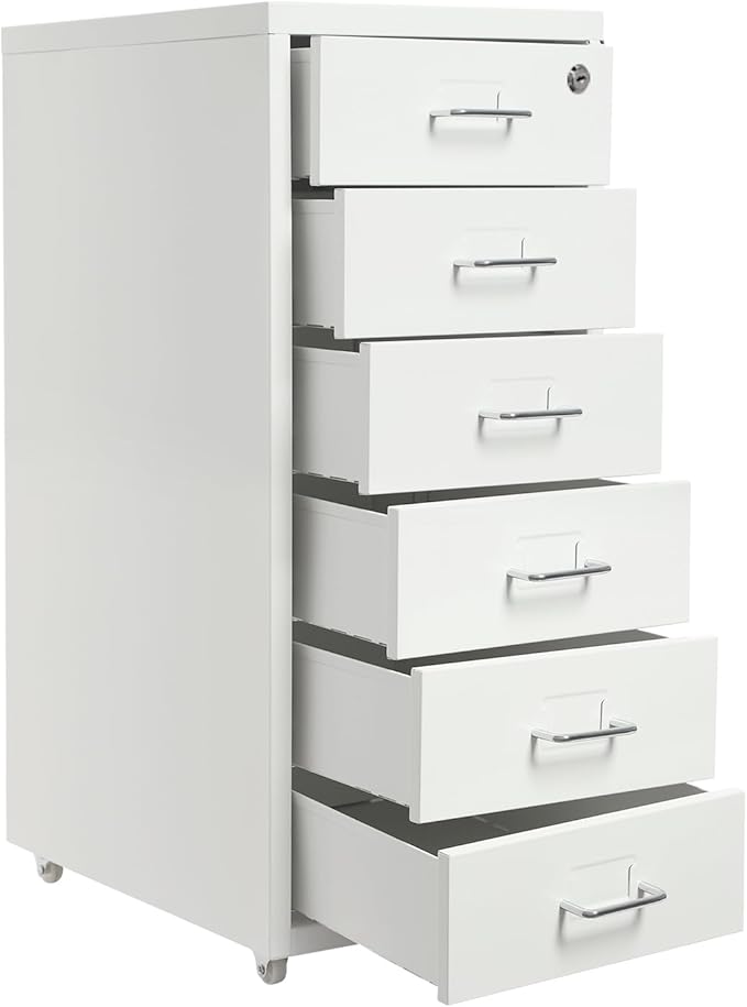 6-Drawer Metal File Cabinet, Mobile File Cabinet with Lock, Rolling Vertical File Cabinet Under Desk for Home Office, 11 * 16 * 27in (White)