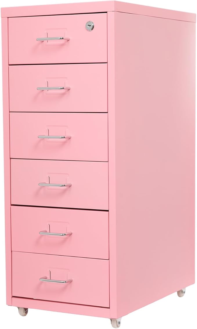 6 Drawer File Cabinet with Lock Vertical Filing Storage Cabinet Home Office Metal Vertical File Cabinets for Letter Legal A4 File Size, Assembly Required (Pink, 6 Drawer)