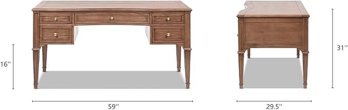 Jennifer Taylor Home JTH Luxe Dauphin Gold Accent 5-Drawer Wood Executive Desk, Natural Brown Ash Wood
