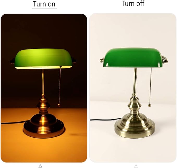 Newrays Glass Bankers Desk Lamp with Pull Chain Switch Plug in Fixture (Green)