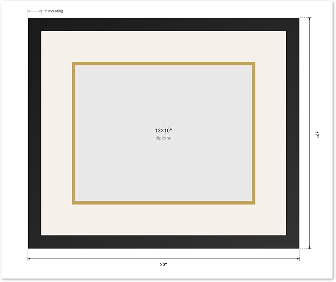 CountryArtHouse Diploma Frame Fits 13 x 10 College Diploma (Traditional) - Keepsake Graduation Display Matte Black Genuine Hardwood with Navy Blue Over Metallic Gold Double mat
