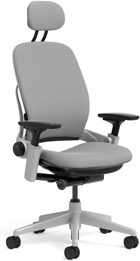 Steelcase Leap Task Chair: Platinum Base - 4D Adjustable Arms - Headrest - Standard Carpet Casters