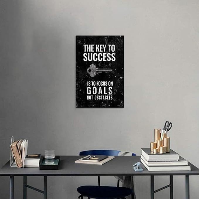 Inspirational Framed Office Canvas Wall Art Motivational Quote The Key to Success Is to Focus on Goals Not Obstacles Artwork Wall Pictures HD Print for Living Room Bedroom Easy to Hang-12x16 inches