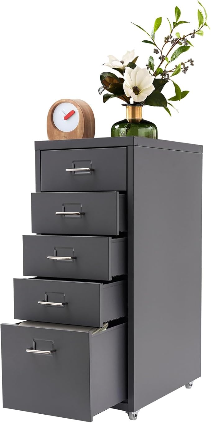 Metal File Storage Cabinet, 5 Drawer Vertical Filing Cabinets with Wheels Under Desk Storage Drawers, 11 * 16.1 * 27.1in Mobile File Cabinets Under Desk Cabinet for Bedroom, Office (Grey)
