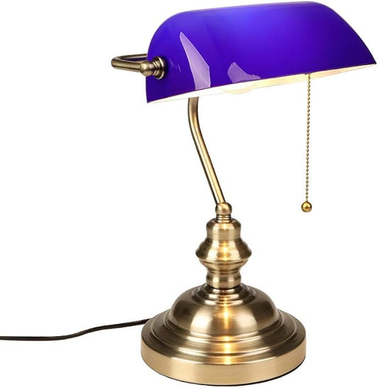 FIRVRE Blue Glass Bankers Desk Lamp Bright Executive Table Lamp Bronze Finish Basis with Pull Chain Switch E26 for Bedroom Bedside Home Office Student Dorm Library Piano