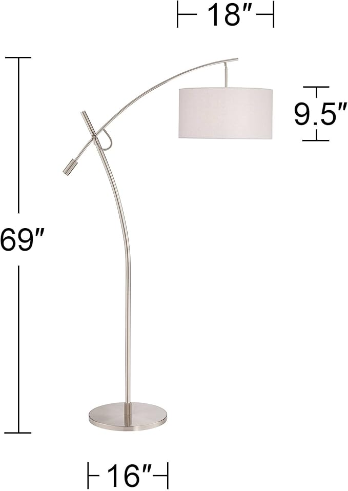 Possini Euro Design Modern Standing Arc Floor Lamp Adjustable Boom Arm 69" Tall Brushed Nickel Off White Linen Fabric Drum Shade Decor for Living Room Reading House Bedroom Home