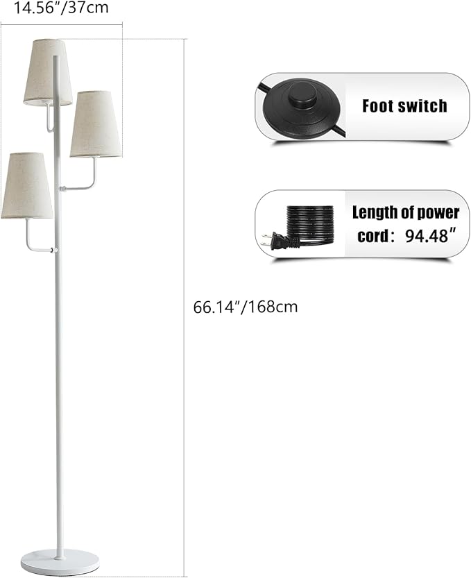 Traditional Floor Lamp for Living Room:3 Light Linen Country Rustic Floor Lamp for Bedroom, White Standing Lamp with Foot Switch, Country Rustic Tall Lamp, No Bulb
