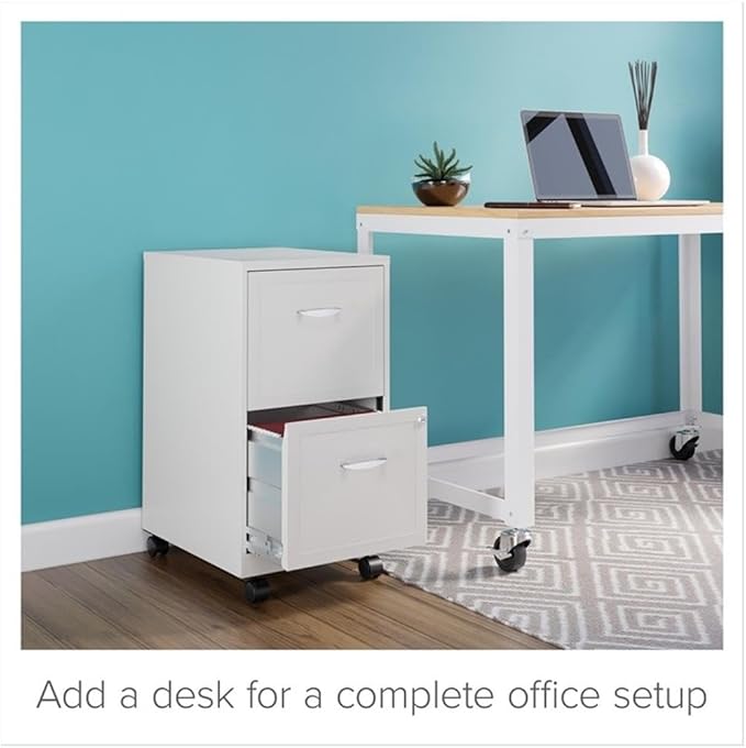 Scranton & Co 2-Drawer Metal Mobile Filing Cabinet, Pearl White Finish, 14.25" W x 18.00" D x 26.70" H, Locking Drawers for Letter-Size Files, Casters for Mobility, Home or Office Storage Solution