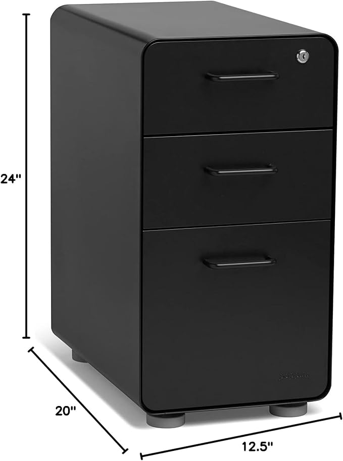 Poppin Slim Stow 3-Drawer File Cabinet - Black. 2 Utility Drawers and 1 Vertical Hanging File Drawer. Fully Painted Inside and Out. Powder-Coated Steel. Two Keys Included