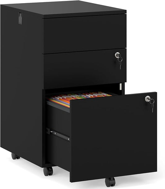 Giantex 3-Drawer File Cabinet with Lock, 27-Inches Storage Cabinet with 2 Side Hooks, Mobile Printer Stand, Wheels, 4 Keys, Vertical Filing Organizer fits Letter/A4 Size for Home Office (Black)