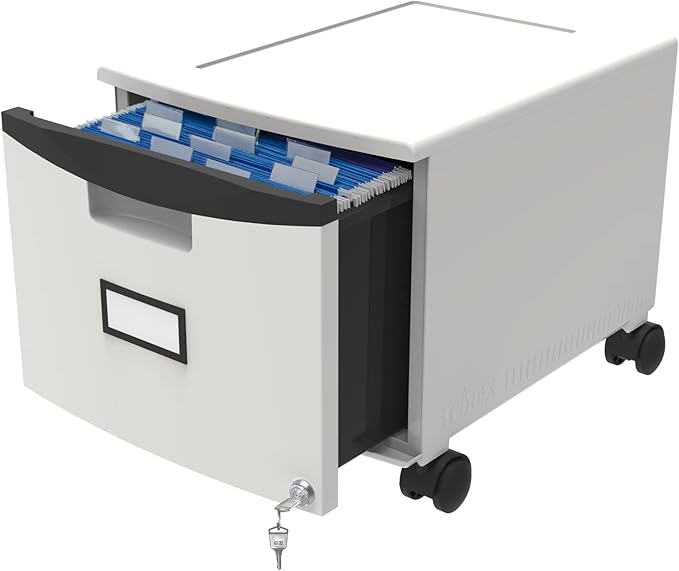 Storex Plastic One-Drawer File Cabinet – Locking Document Organizer with Casters for Home and Office, Gray, 1-Pack (61266A01C)