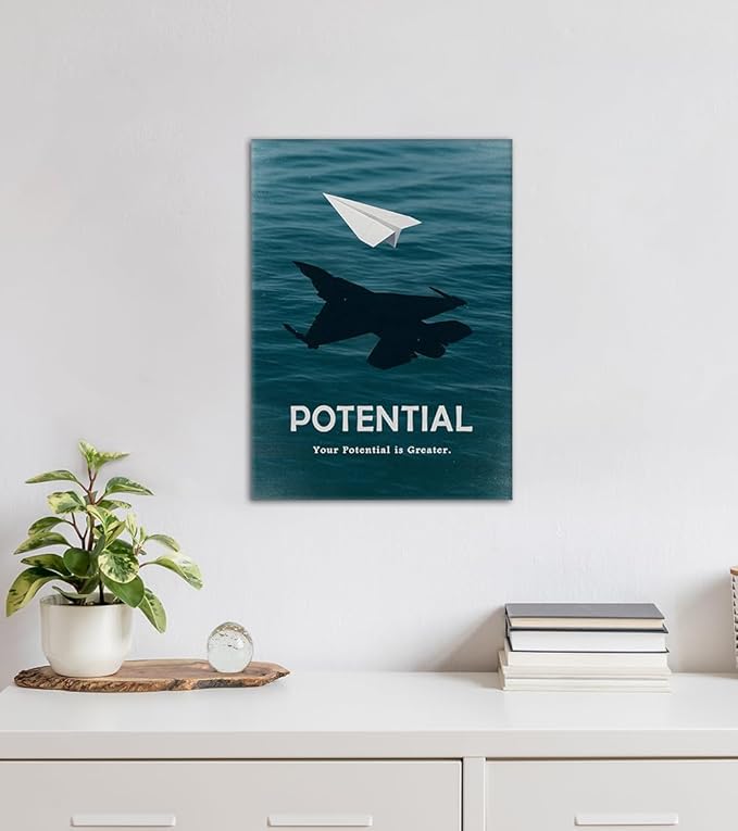 Potential Motivational Canvas Wall Art with Paper Plane & Your Potential is Greater Quote Inspirational Wall Decor for Office Living Room Home, Ready to Hang & Framed 12x16 inch