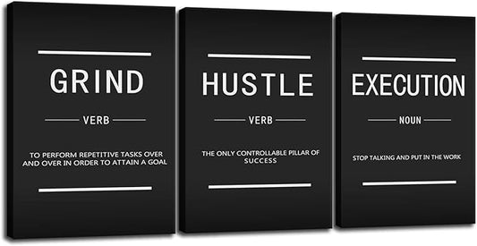 Inspirational Canvas Wall Art Motivational Posters Inspirational Canvas Wall Decor Grind Execution Hustle Entrepreneur Quote 3 Pieces Painting Prints Artwork for Home Decor Framed [60''Wx 28''H]