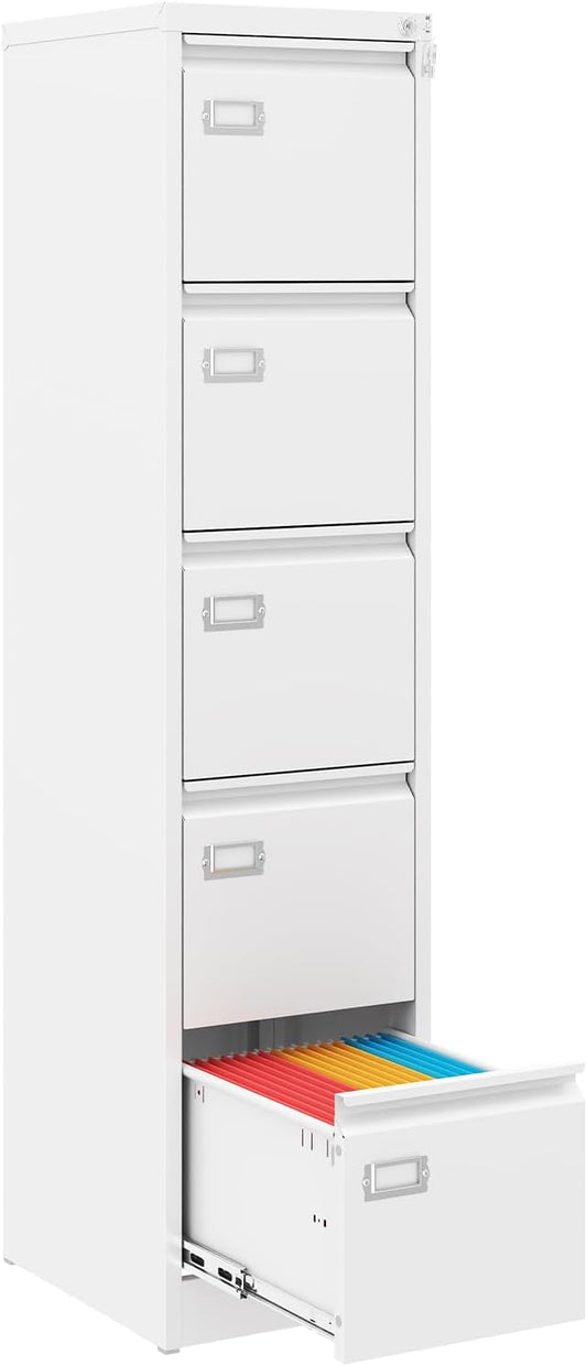 5 Drawer File Cabinet, White Metal Filing Cabinets with Lock Name Card Holder, Metal Vertical Filing Cabinets for Home Office, Steel Storage Cabinet fits Letter/Legal/A4 Size(Assembly Required)