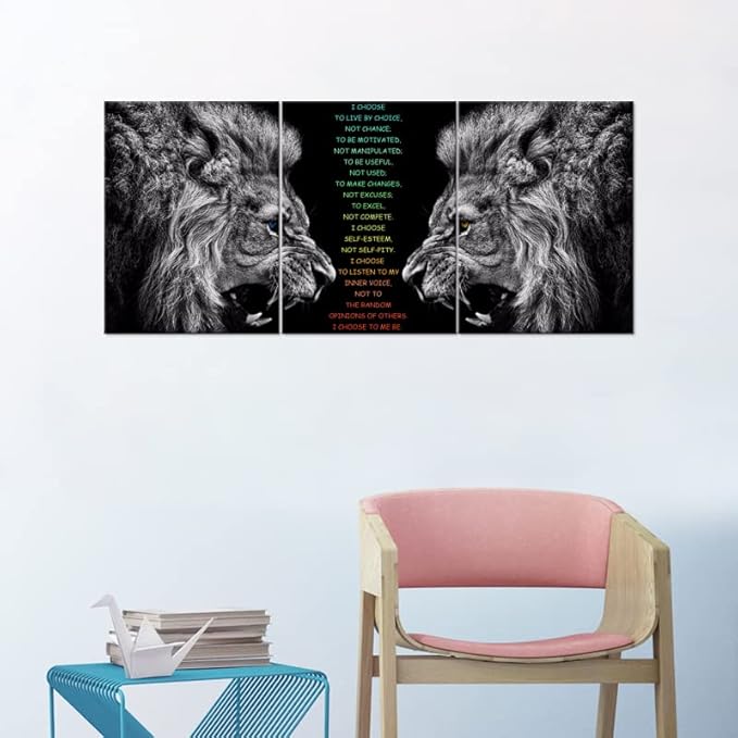 Inspirational 3 Pieces Lion Poster for Office Motivational Wall Art I Choose Canvas Prints Artwork for Living Room Modern Home Decor Painting Pictures Stretched and Framed Ready to Hang [36''Wx 16''H]