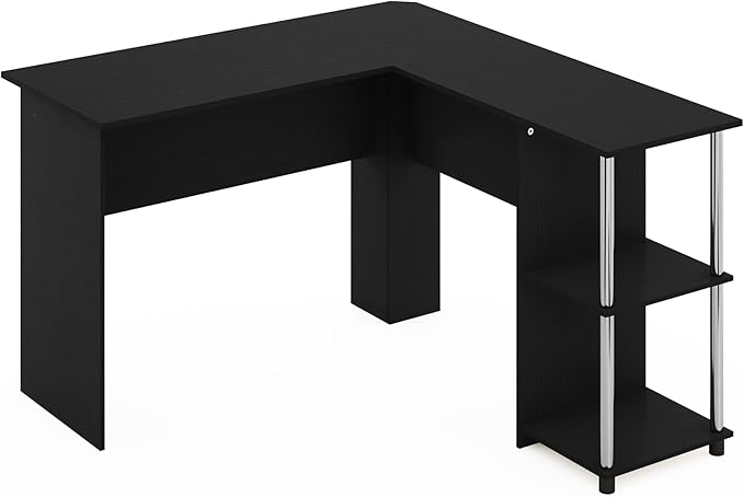 Furinno Abbott L-Shape Computer Desk with Stainless Steel Tubes Bookshelf, Americano/Chrome