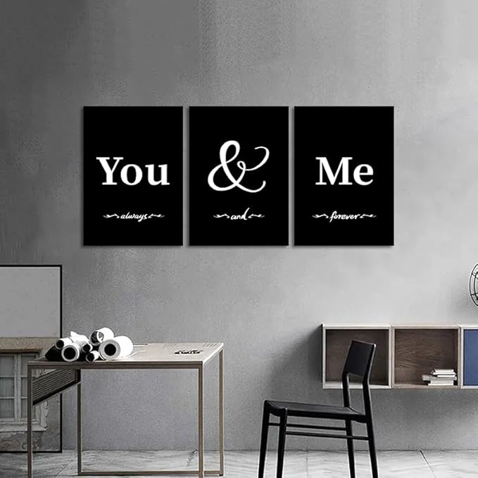 3 Panel You and Me Wall Art - Framed Romantic Bedroom Canvas Painting Black and White Wall Decor Inspiring Words Always & Forever Print Poster Modern Home Decor for Bathroom Living Room, 20" x 28"x 3