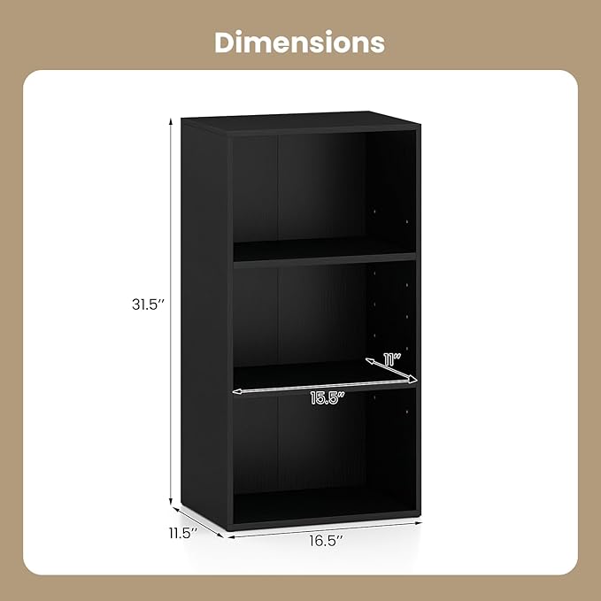 Giantex 3 Tier Bookshelf, Black Bookcase 3 Shelf, Open Cube Storage Orginazer Cabinet, Multi-Functional Home Office Bedroom Furniture Display Book Shelf