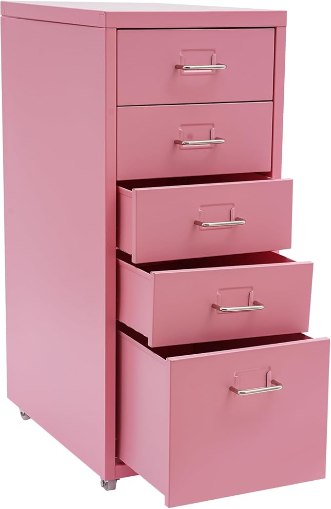 Metal Storage Cabinet with Wheels, 5 Drawers Mobile Filing Cabinet Under Desk Organizer Unit for Home Office