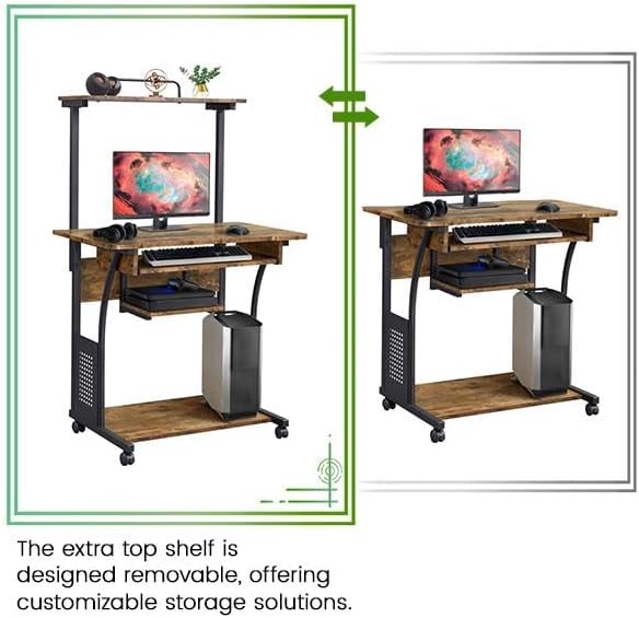 Yaheetech 3 Tiers Rolling Computer Desk with Keyboard Tray and Printer Shelf for Home Office, Mobile Computer Desk for Small Space, Retro Computer Table Compact PC Laptop Workstation, Rustic Brown
