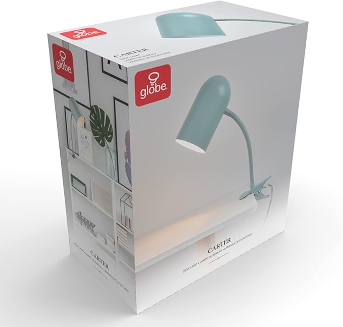 Globe Electric 52302 Carter 15" Clip-Arm Desk Lamp, Matte Teal, Adjustable Gooseneck Arm, in-Line On Off Switch
