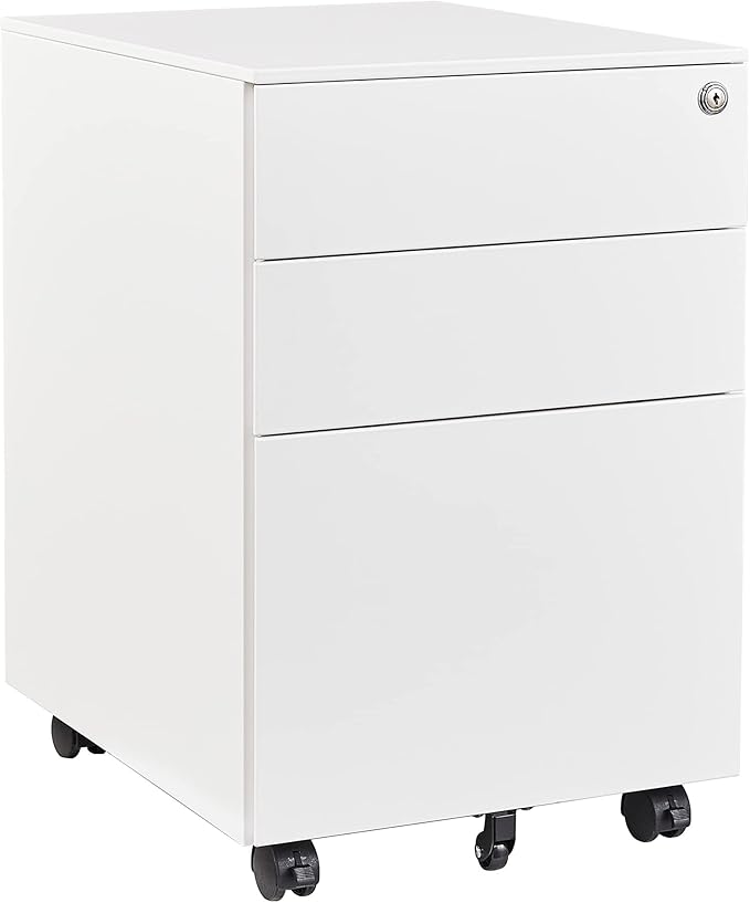 Rolling File Cabinet, 3 Drawer Locking Filing Cabinet, Under Desk Office Metal Storage Cabinet for Legal/Letter/A4 File (Fully Assembled Cabinet,White)