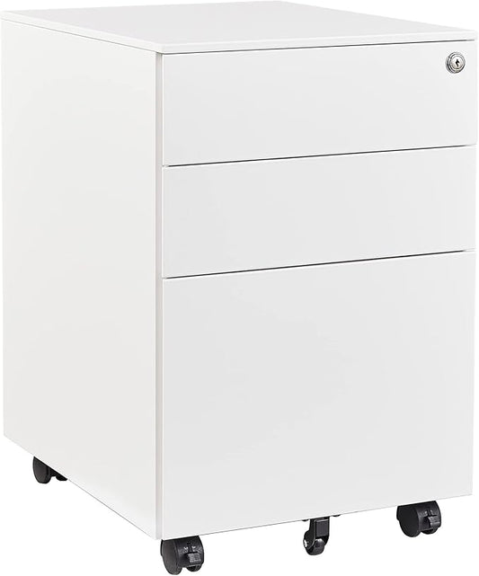 Rolling File Cabinet, 3 Drawer Locking Filing Cabinet, Under Desk Office Metal Storage Cabinet for Legal/Letter/A4 File (Fully Assembled Cabinet,White)