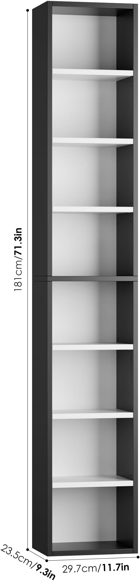 FOTOSOK 2 Pcs 71'' Tall Narrow Bookshelf, 8-Tier Media Tower Rack Set of 2, CD DVD Storage Cabinet with Adjustable Shelves, Tall Narrow Bookcase Skinny Display Bookshelf Slim Shelf, White/Black