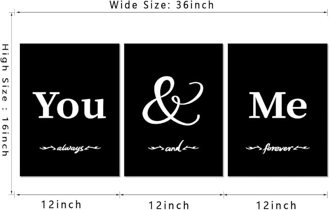 3 Piece Black and White Wall Art - Simple Words You and Me Canvas Print Scandinavian Minimalist Bedroom Wall Decor Modern Artwork Framed Posters for Living Room Home, Ready to Hang (12" x 16" x 3)