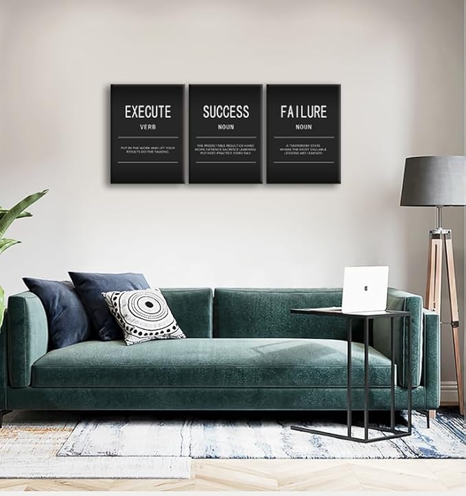 Motivational Wall Art Painting Execute Verb Home Decor 3 Pieces Canvas Print Office Wall Decor Success Failure Noun Inspiring Poster Prints Inspirational Artwork Framed Ready to Hang [36" W X 16" H]