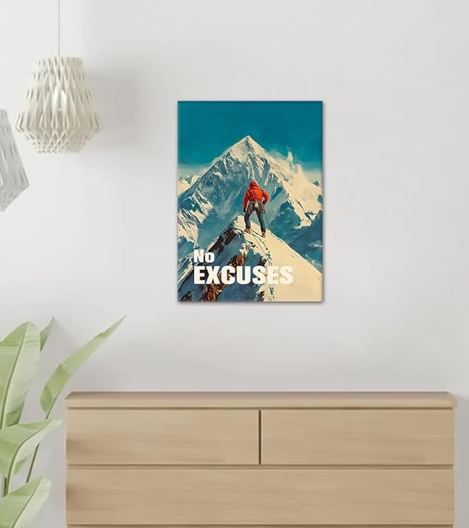 No Excuses Inspirational Wall Art - Mountain Climber Canvas Print with Motivational Quote, Encouraging Office Wall Decor, Success Reminder Artwork for Living Room Home, Framed 12"x16"