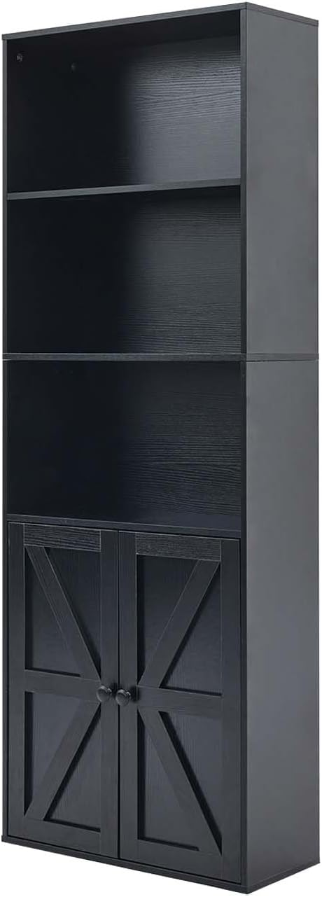 Black 5-Tier Bookshelves for Living Room, Farmhouse Tall Bookcase with Doors, Wooden Bookshelf with Storage Cabinet and Shelves for Living Room, Home Office