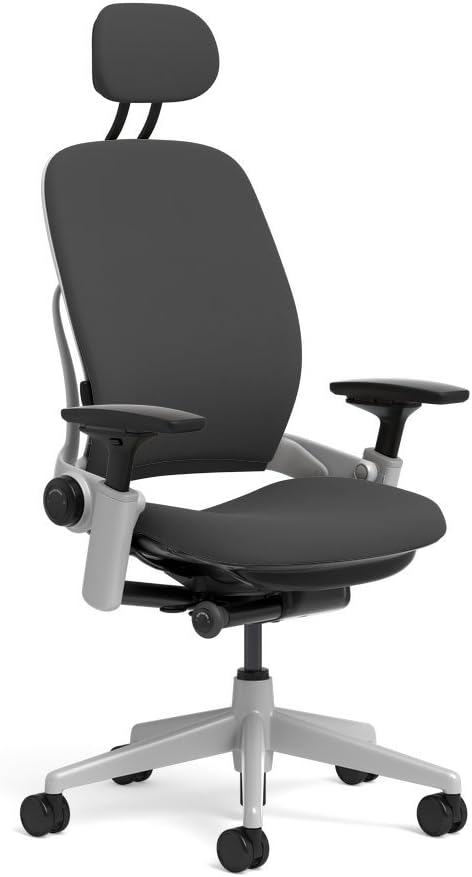 Steelcase Leap Task Chair: Platinum Base - 4D Adjustable Arms - Headrest - Standard Carpet Casters