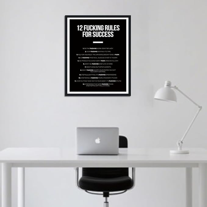 12 Fucking Rules for Success Framed Canvas Print Wall Art, Black White Motivational Poster, Success Wall Pictures for Home Office Dorm Decor, Ready to Hang, 12.5x16.5 Inches