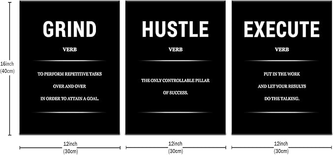 Motivational Canvas Office 3 Panel Print Wall Art Grind Hustle Success Inspirational Wall Decor Encouraging Quotes Poster Painting for Home Bedroom Gym Picture Stretched and Framed [36''W x 16''H]