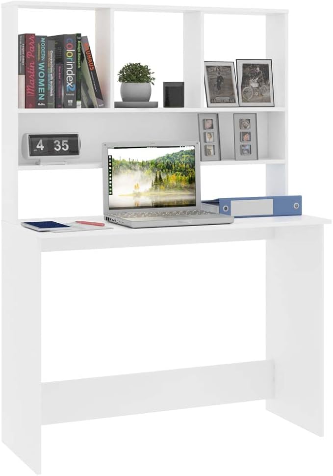 Modern Computer Desk Writing Study Table with Upper Cabinet, Home Office Student Table Laptop PC Writing Desk Home Office Writing Desk, White 43.3"x17.7"x61.8"