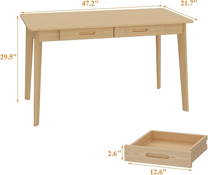 47 Inch Compact Computer Gaming Desk, Study Work Office Desk with 2 Storage Drawers, Rectangular Study Reading Table, Simple Computer Writing Table for Home Office, Living Room, Natural