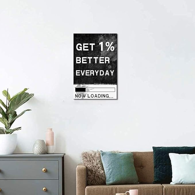 Get 1% Better Everyday-Motivational Framed Canvas Wall Art Retro Black and White Inspirational Office Artwork HD Print for Living Room Bedroom Wall Decor Framed and Stretched Ready to Hang-12 Wx16 H