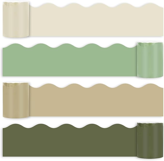 Whaline 65.6ft Back to School Nude Sage Green Bulletin Board Borders 4 Rolls Milky White Brown Green Die-Cut Board Trim for Classroom Office Chalkboard Wall Decor