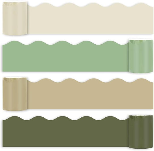 Whaline 65.6ft Back to School Nude Sage Green Bulletin Board Borders 4 Rolls Milky White Brown Green Die-Cut Board Trim for Classroom Office Chalkboard Wall Decor