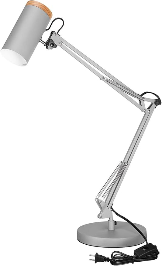 TORCHSTAR Tall Swing Arm Desk Lamp with Wooden Accent, Adjustable Large Size Max Height 31", E26 Base Metal Task Lamp, Office Desktop Lamp with On/Off Switch, for Reading, Study, Workbench, Grey