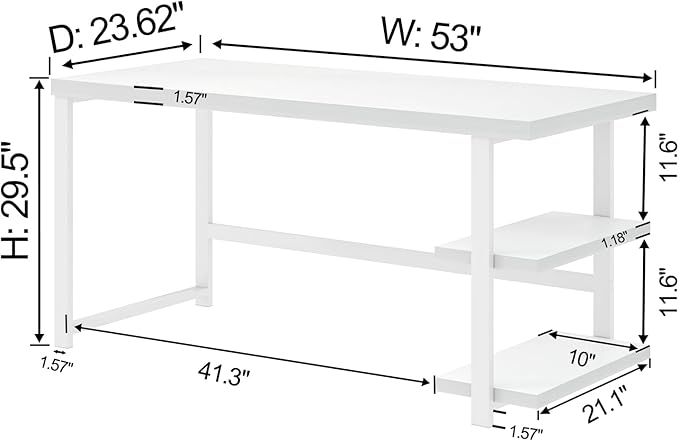 EXCEFUR White Computer Desk, Modern Home Office Desk with Storage Shelf, Wood and Metal Writing Study Table for Living Room Bedroom, 53 Inch